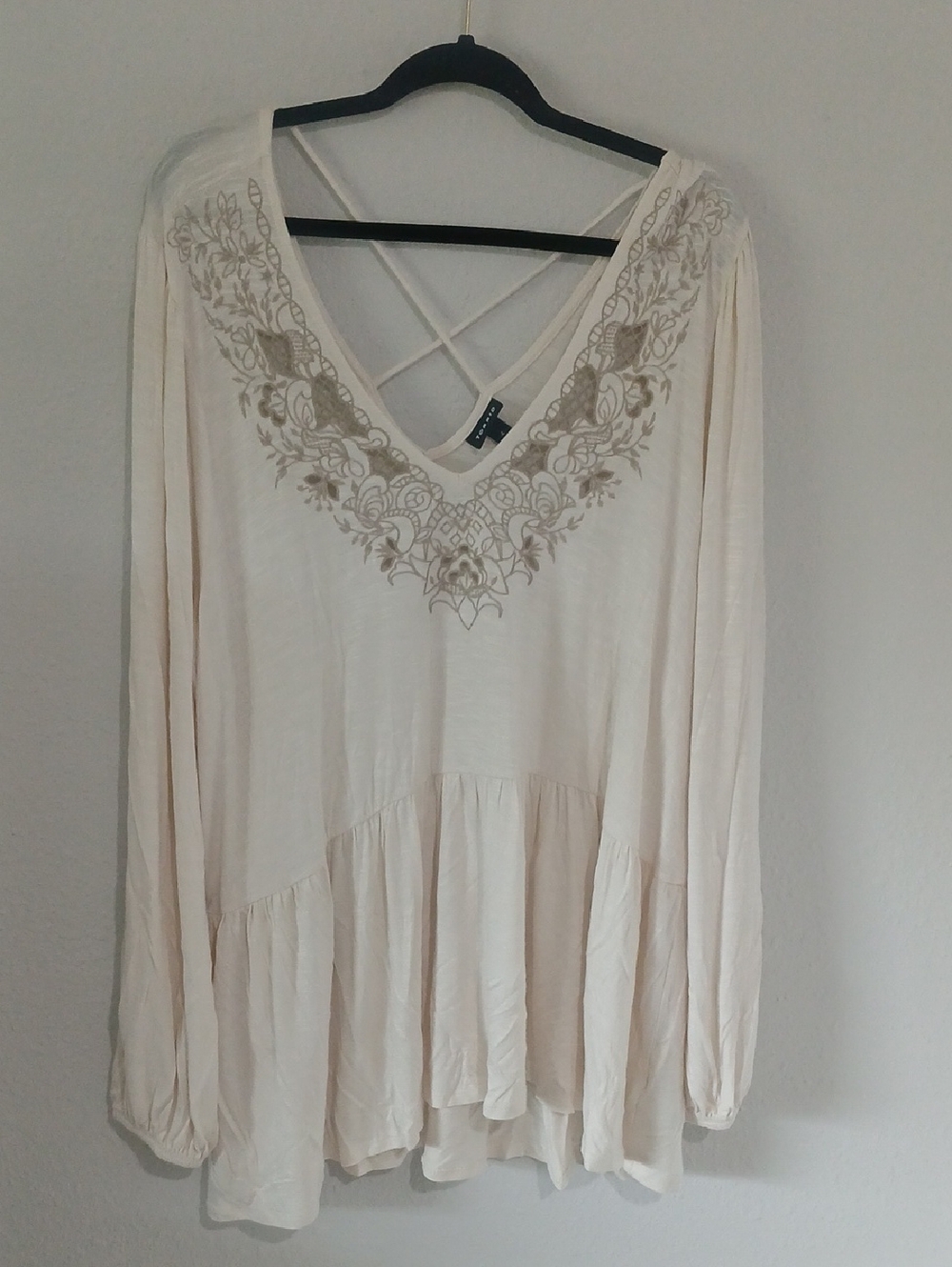 Boho Embroidered V-Neck Peasant Blouse - Cream